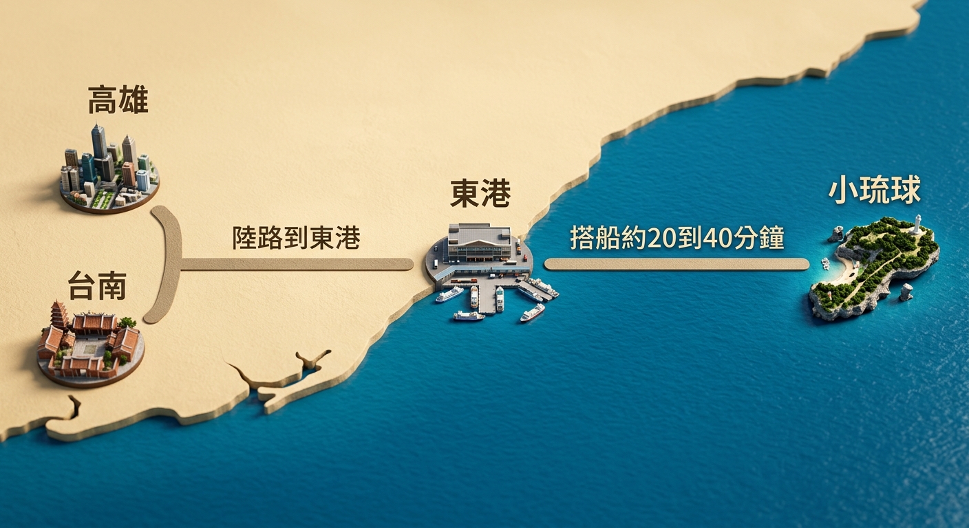 高雄台南到東港到小琉球路線時間軸圖,一條由左至右的水平路線,最左為兩個出發點圖示文字逐字為 高雄 與 台南,中間節點為東港碼頭圖示文字逐字為 東港,最右為小琉球島嶼圖示文字逐字為 小琉球,路線分兩段,第一段標籤逐字為 陸路到東港、第二段標籤逐字為 搭船約20到40分鐘,配色為海洋藍與米色陸地,每個標籤一行不換行、不重複,圖中除指定文字外不得出現任何其他數字、網址、電話或年份