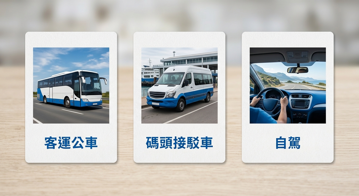 高雄台南到東港交通方式比較表,一張三列對照表,表頭三欄文字逐字為 交通方式、優點、注意,三列的交通方式逐字分別為 客運公車、碼頭接駁車、自駕,每列對應填入簡短的優點與注意事項文字,配色為藍白雙色、表頭深藍,表格文字精簡每格一到兩行,圖中不得出現任何金額、網址、電話或年份