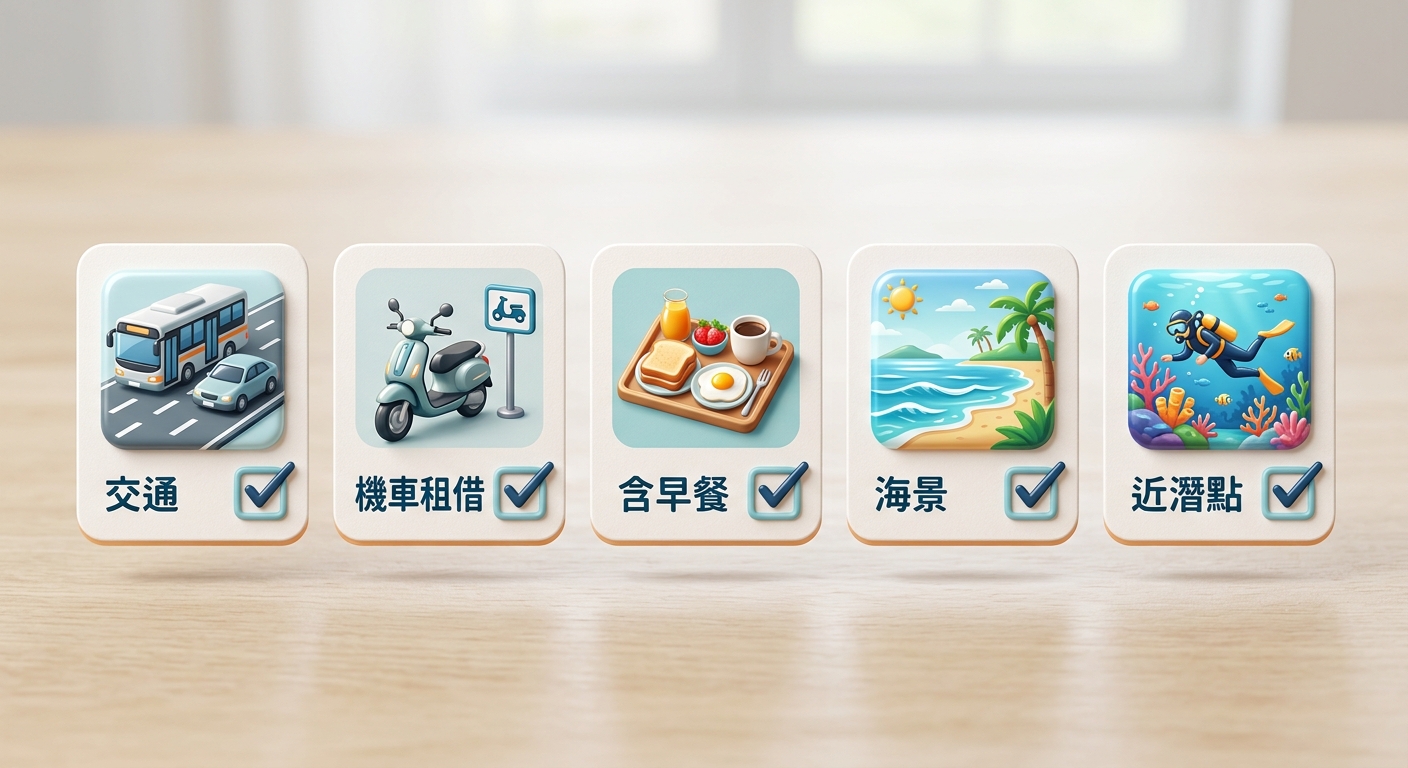 選住宿 5 大關鍵 checklist 視覺化卡片,五張小卡片橫向排列,分別為 交通、機車租借、含早餐、海景、近潛點,每張卡片有一個對應圖標與打勾框,淺色背景、品牌藍綠點綴,繁體中文標籤每張各不相同、每行不換行