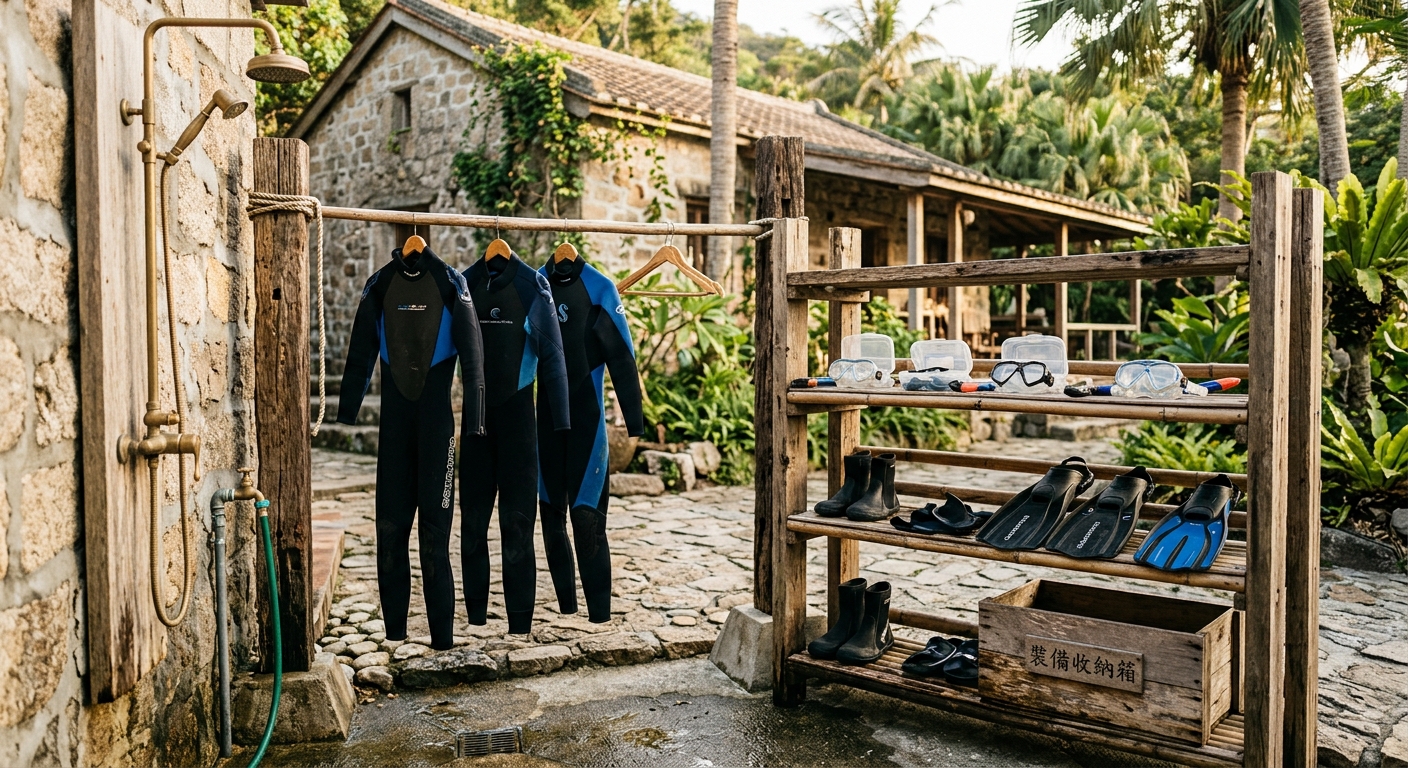 潛水族友善住宿要素情境插圖,畫面呈現住宿戶外一角,有沖洗水龍頭、掛防寒衣的晾曬桿、放面鏡蛙鞋的層架、防潮收納箱,暖色調寫實插畫風、無真人,物件旁無文字標籤