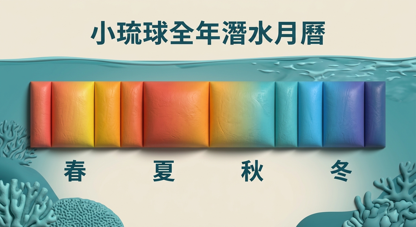 小琉球全年潛水適宜度月曆熱力圖，橫向排列一月到十二月共十二個欄位，每個月份欄位內由上到下分三層色塊分別代表水溫、海況、人潮三個指標，色塊用暖色到冷色漸層表示高低，月份數字逐字標注 1 至 12，最上方一行標題文字僅顯示 小琉球全年潛水月曆 七個字，配色以海洋藍綠為主、淺米色背景，整體乾淨清楚，除月份數字、三個指標名稱（水溫 海況 人潮）與標題外不得出現任何其他文字、數字或年份