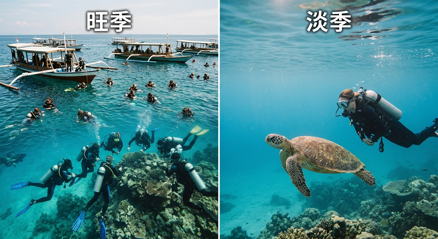 旺季與淡季下水體驗對比雙欄插畫,左欄旺季畫面為海面上多艘船與多名潛水員、潛點較擁擠,右欄淡季畫面為單一潛水員與海龜悠游、海面平靜,兩欄上方各逐字標注 旺季 與 淡季 二字,中間以一條垂直分隔線區隔,配色海洋藍綠,插畫風格簡潔,除 旺季 淡季 四字外不得出現任何其他文字或數字