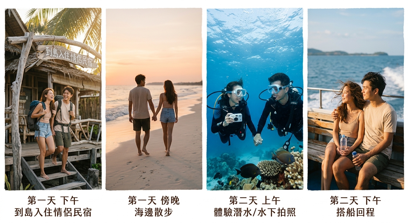 情侶兩天一夜潛水約會行程時間軸插圖,由左至右:第一天下午到島入住情侶民宿、傍晚海邊散步,第二天上午體驗潛水/水下拍照、下午搭船回程,每段一張小情境圖與一行中文時段標籤,採海洋藍與暖橘色調、時間軸風格