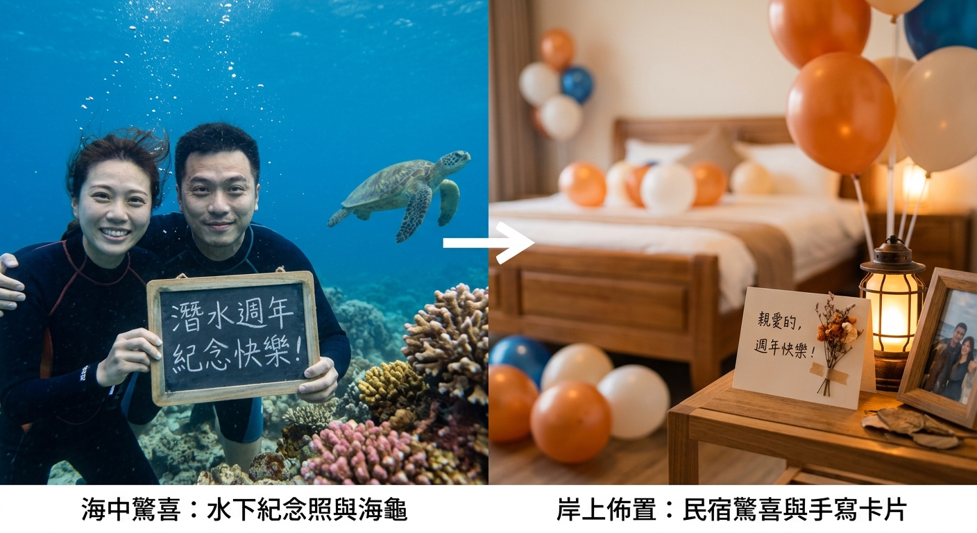 情侶潛水紀念日驚喜場景搭配圖,左右兩區並排:左為海中場景(水下紀念照、海龜背景),右為岸上場景(民宿氣球與卡片佈置),中間以箭頭連接,每區一行中文場景標籤,採海洋藍與暖橘色調、對照插圖風格