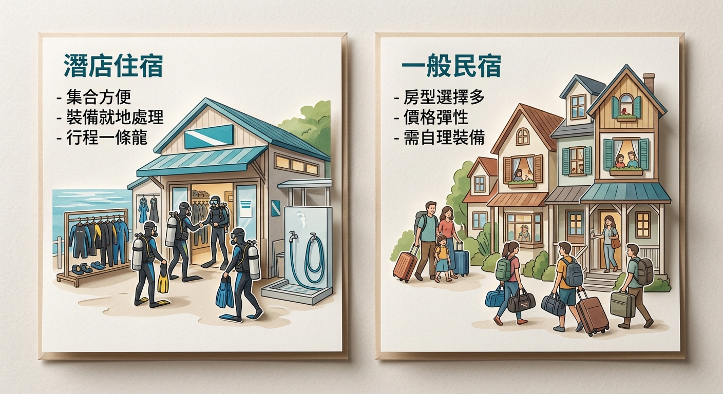 潛店附設住宿與一般民宿適合情境對照卡片,兩張卡片並排,左卡 潛店住宿 列 集合方便、裝備就地處理、行程一條龍,右卡 一般民宿 列 房型選擇多、價格彈性、需自理裝備,淺色背景、品牌藍綠點綴,繁體中文每行不換行