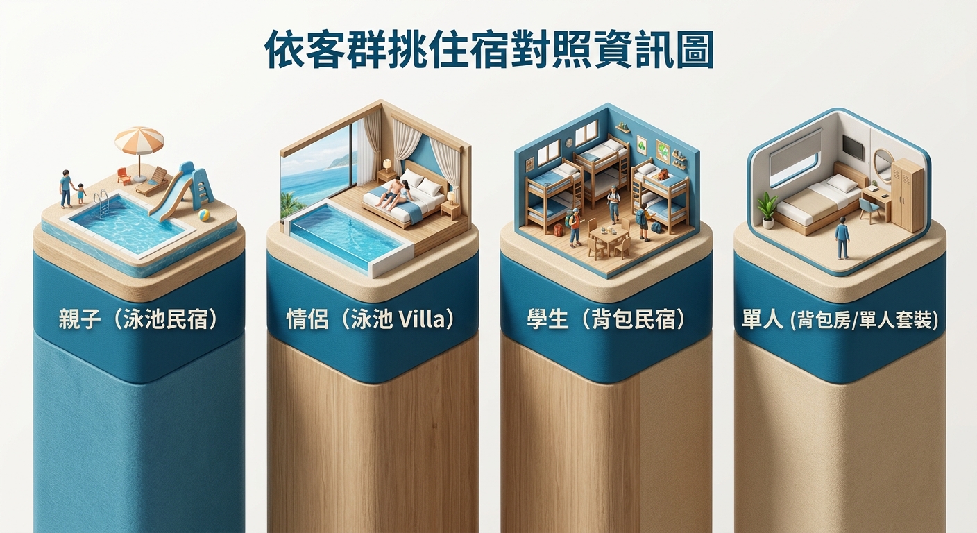 依客群挑住宿對照圖,四欄並排分別為親子(泳池民宿)、情侶(泳池 Villa)、學生(背包民宿)、單人(背包房/單人套裝),每欄一個住宿小圖標與一行中文客群與住宿類型標籤,採海洋藍與沙灘米品牌色,背景淺色