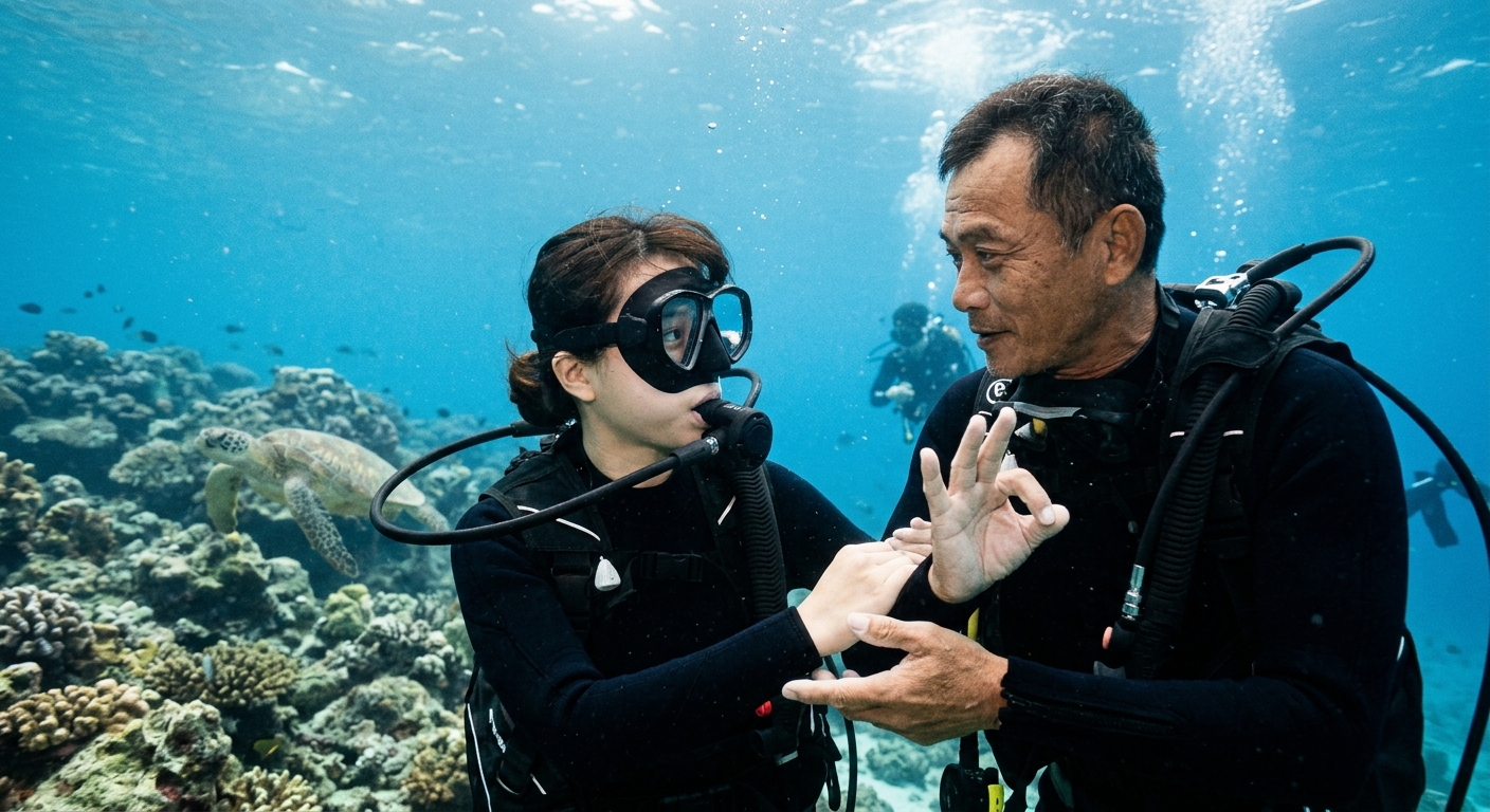 小琉球清澈海域中,一位耐心的在地潛水教練近距離陪伴一名新手學員,教練手勢安撫、眼神專注,背景有珊瑚與一隻海龜,光線溫暖