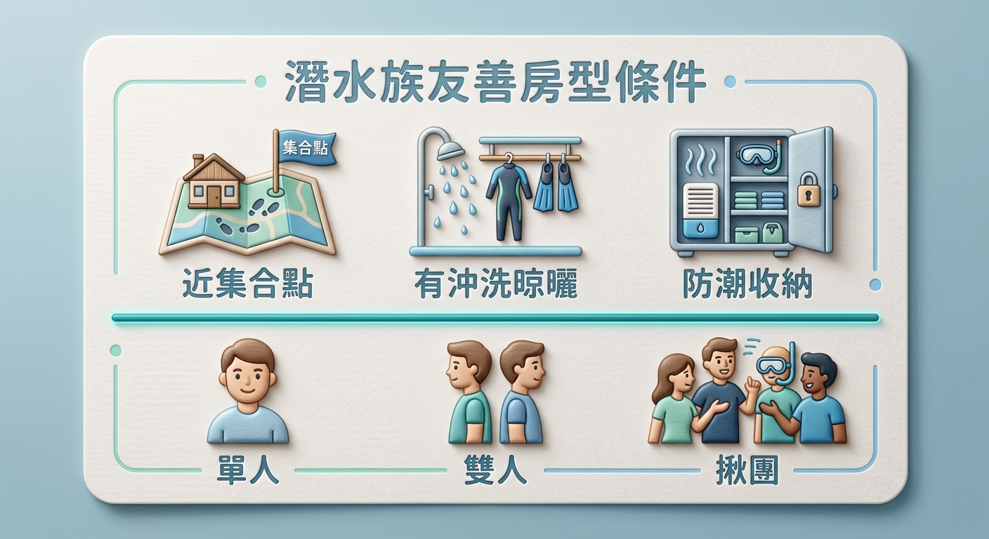 潛水族友善房型條件示意卡片,三個條件圖標橫排 近集合點、有沖洗晾曬、防潮收納,下方再列 單人、雙人、揪團 三種人數安排圖標,淺色背景、品牌藍綠點綴、繁體中文每行不換行