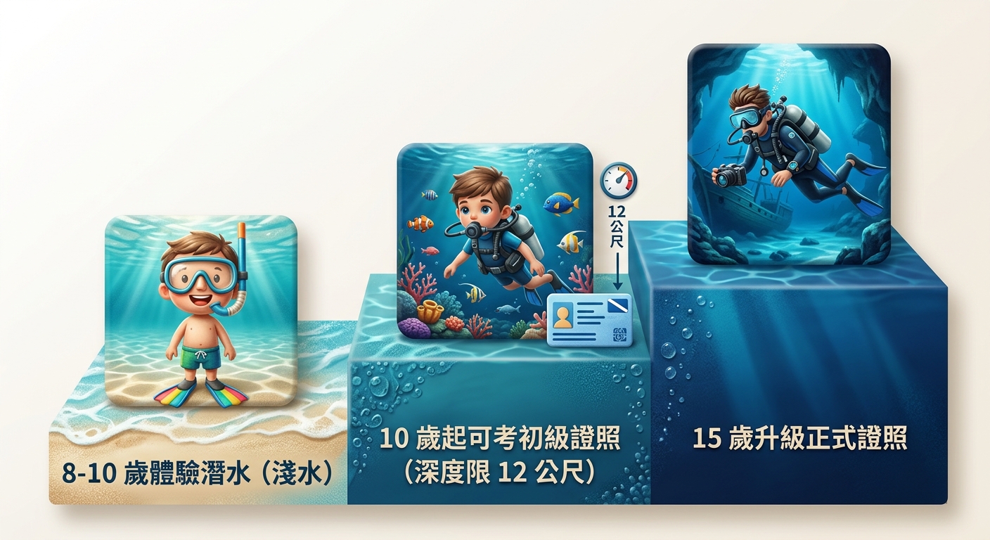 兒童體驗潛水與考證年齡分級階梯圖,由低到高三階:8-10 歲體驗潛水(淺水)、10 歲起可考初級證照(深度限 12 公尺)、15 歲升級正式證照,每階搭配小圖標與一行中文說明,採海洋藍與沙灘米品牌色,背景淺色