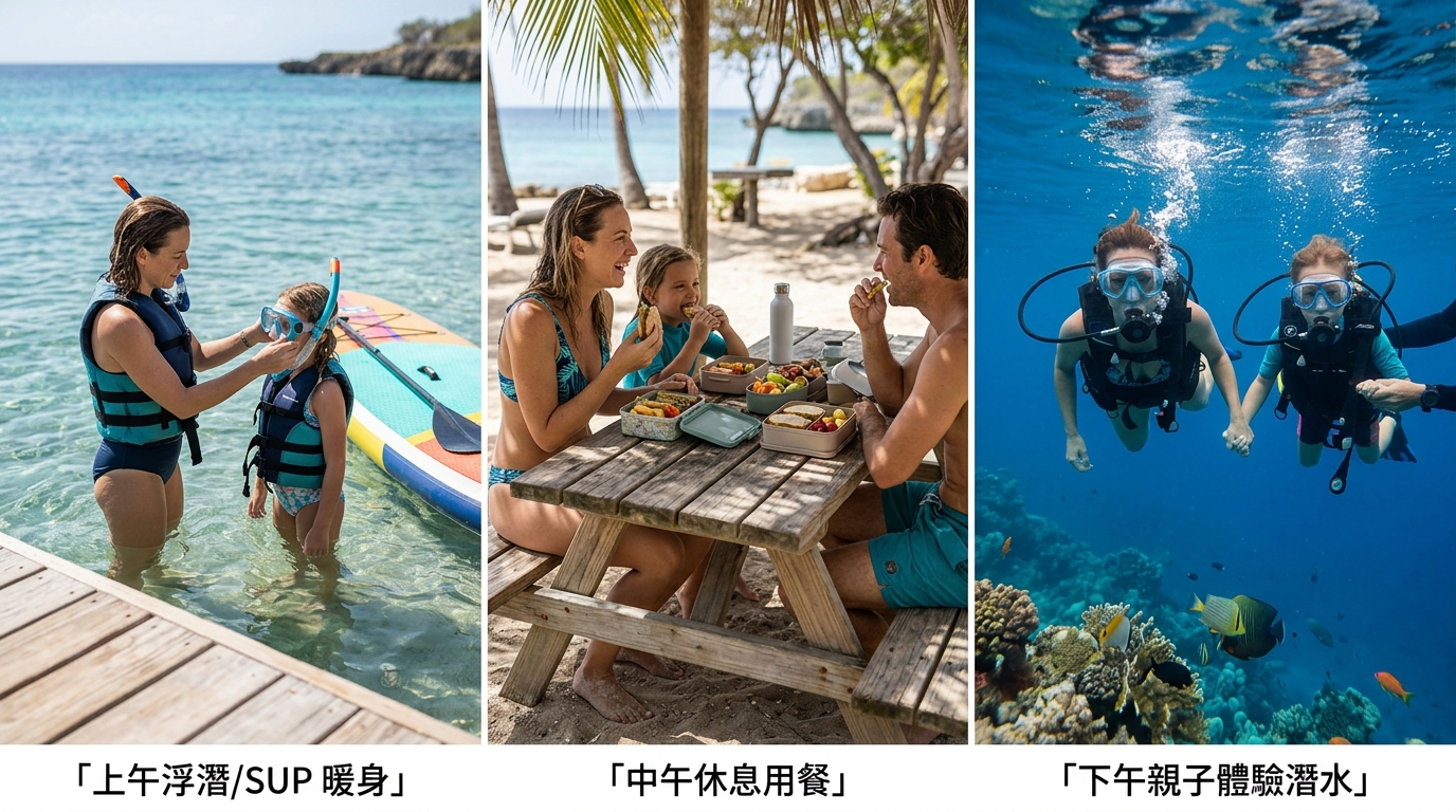 親子一日水上活動行程插圖,由左至右三個時段:上午浮潛/SUP 暖身、中午休息用餐、下午親子體驗潛水,每個時段一張小情境圖與一行中文時段標籤,明亮插畫風格、海洋藍色調