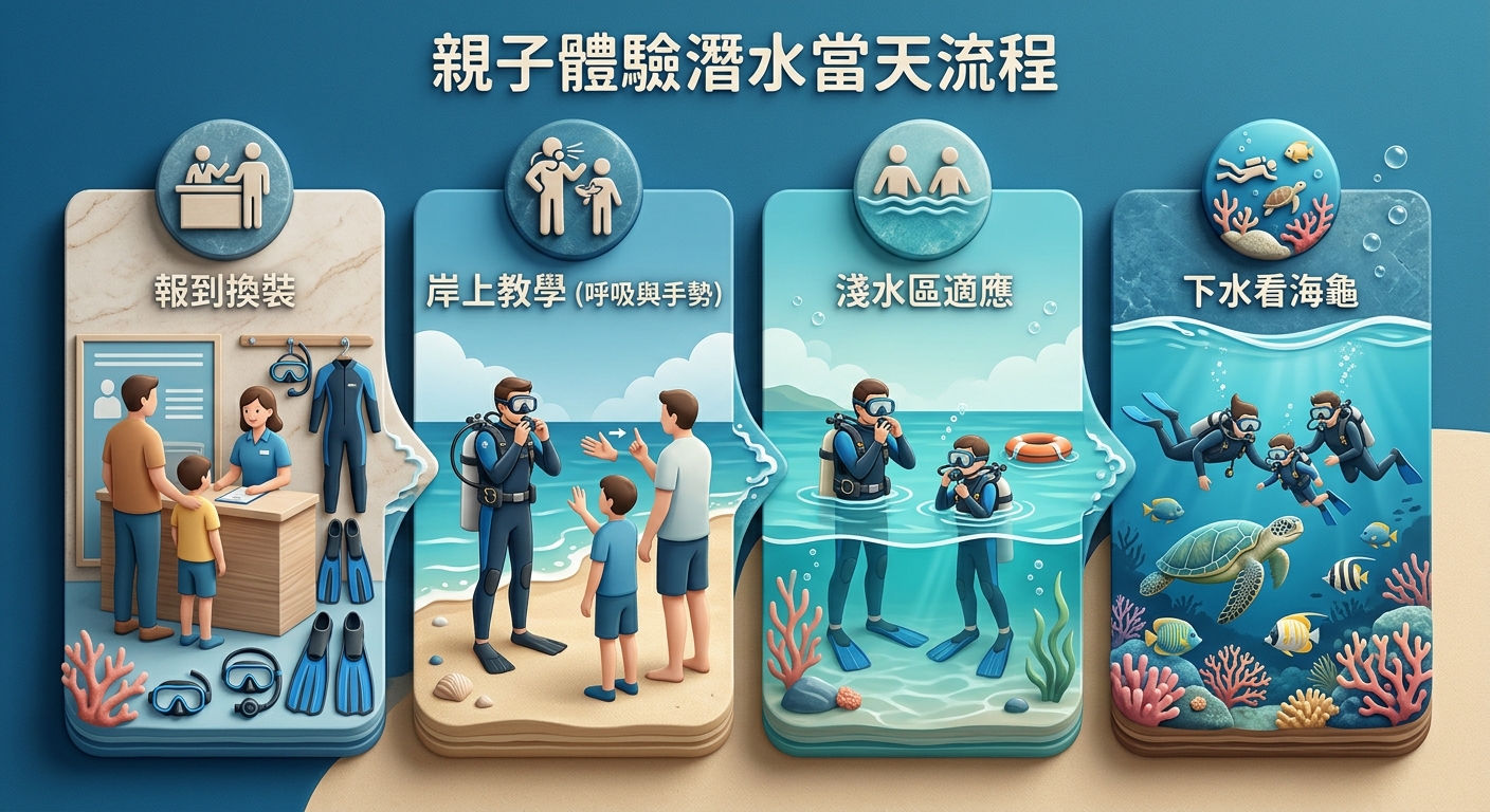 親子體驗潛水當天流程圖,由左至右四步驟:報到換裝、岸上教學(呼吸與手勢)、淺水區適應、下水看海龜,每步驟一個小圖標與一行中文步驟標籤,採海洋藍與沙灘米品牌色,扁平流程圖風格