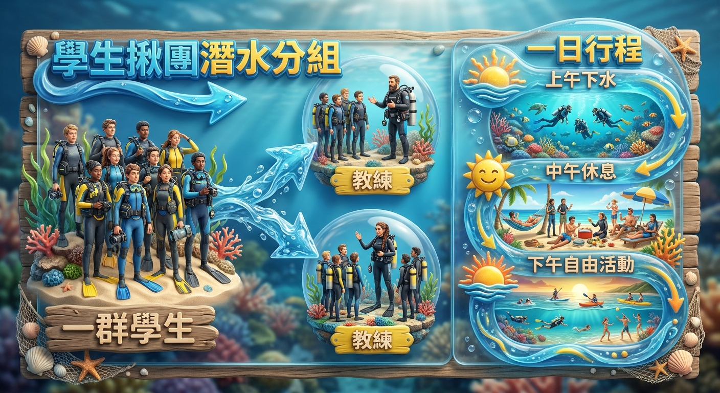 學生揪團潛水分組與一日行程扁平流程圖,左側為「一群學生」群像圖標,中間箭頭指向分成兩三個小組各配一名教練,右側為一日時段條(上午下水、中午休息、下午自由活動),搭配簡短中文標籤,採海洋藍與活潑黃色調