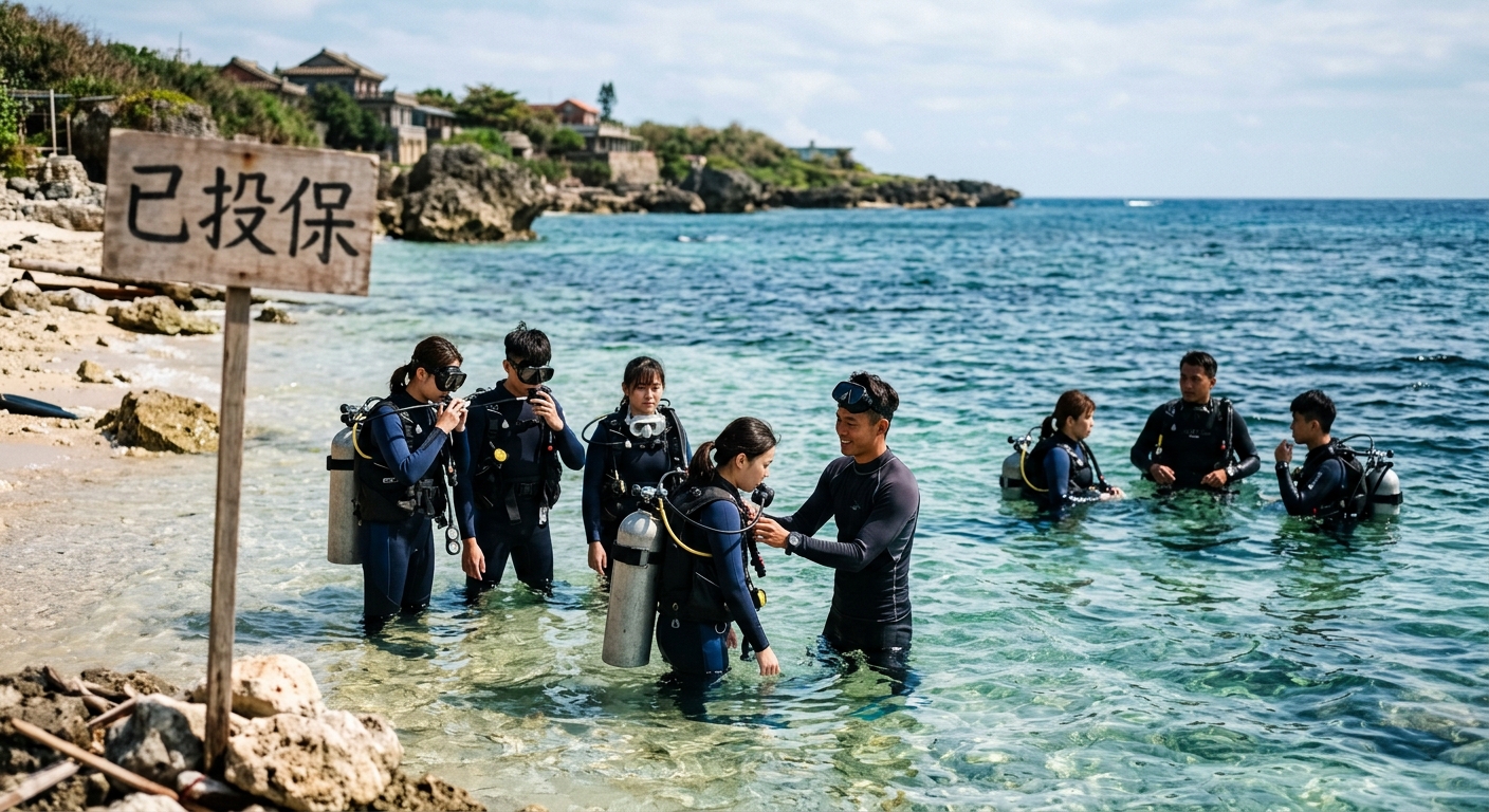 學生大團體下水安全帶領情境插圖,一群大學生分成兩三小組在小琉球淺海體驗潛水,每組各有一名教練帶領、岸邊有救生與保險標示意象,氣氛安全有序,團體寫實插畫風格、海洋藍色調