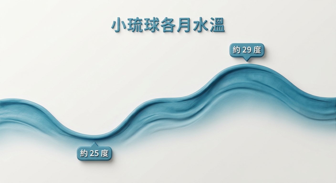 小琉球各月海水溫度折線圖,橫軸為一月到十二月共十二個刻度逐字標注數字 1 至 12,縱軸為攝氏溫度刻度標注 24 到 30,折線呈現冬季低約 25、夏季高約 29 的平緩起伏,折線節點上逐字標注對應溫度數值,圖中僅顯示折線、座標軸數字與一行標題文字 小琉球各月水溫,配色海洋藍,背景淺色,除座標數字、節點溫度數值與標題外不得出現任何其他文字或年份