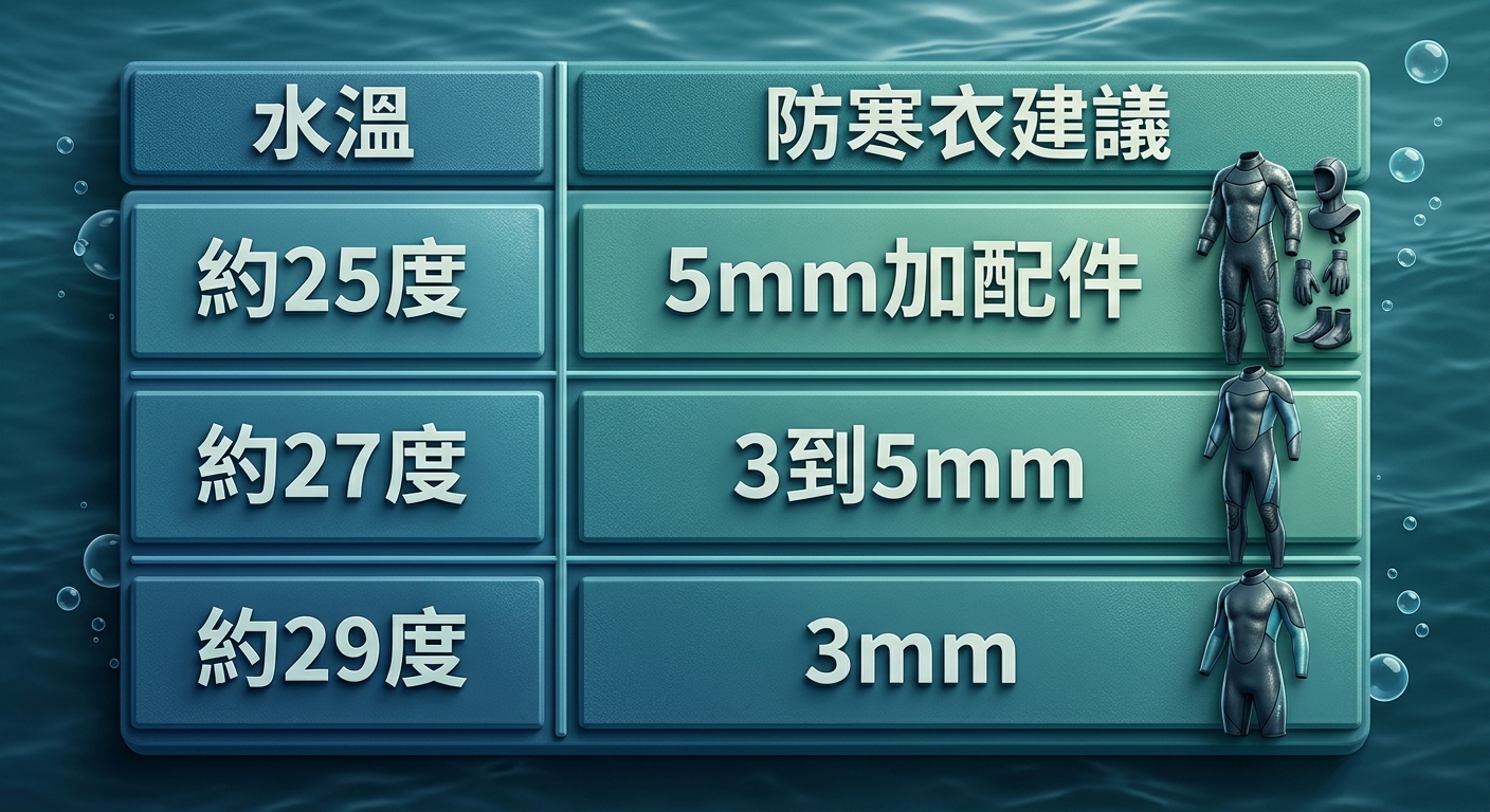 水溫對應防寒衣厚度建議表格圖,左欄為水溫區間三列分別標注 約25度 約27度 約29度,右欄對應防寒衣建議三列分別標注 5mm加配件 3到5mm 3mm,每列以一個簡單防寒衣圖示輔助,配色海洋藍綠,表格清楚,除左右兩欄的水溫與厚度文字外不得出現任何其他文字或多餘年份