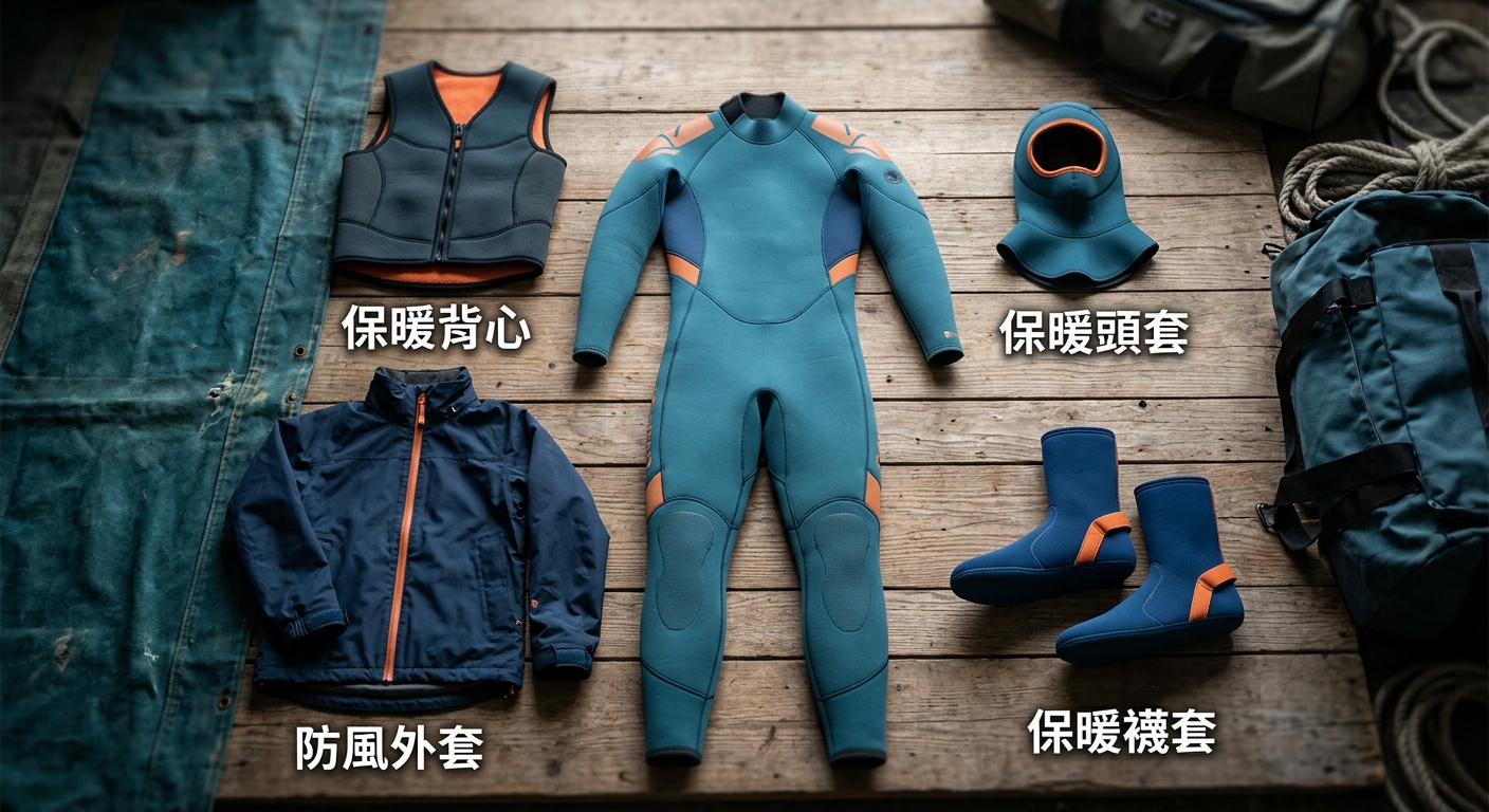 怕冷潛水員保暖配件示意插畫,畫面中央為一套防寒衣主衣,周圍環繞四個保暖配件圖示分別為背心 頭套 襪套 防風外套,每個配件下方逐字標注配件名稱二到三字,配色海洋藍綠搭暖橘,插畫風格簡潔,除四個配件名稱與中央主衣外不得出現任何其他文字或數字