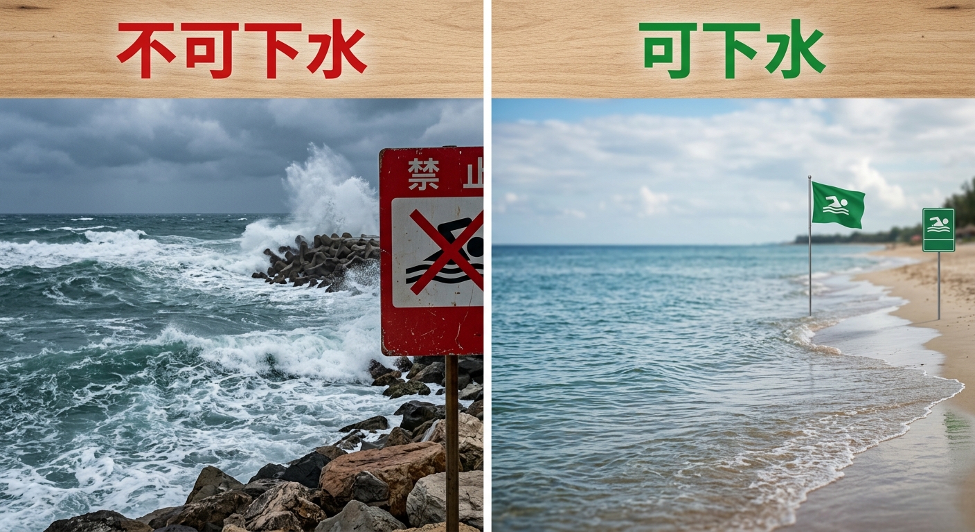颱風期下水安全判斷示意插畫,左側為海況不佳畫面(大浪與紅色禁止下水標誌意象),右側為海況回穩畫面(平靜海面與綠色可下水意象),中間以一條垂直分隔線區隔,左右上方各逐字標注 不可下水 與 可下水 四字,配色海洋藍綠搭警示紅與安全綠,插畫風格簡潔,除左右兩組判斷文字外不得出現任何其他文字或數字