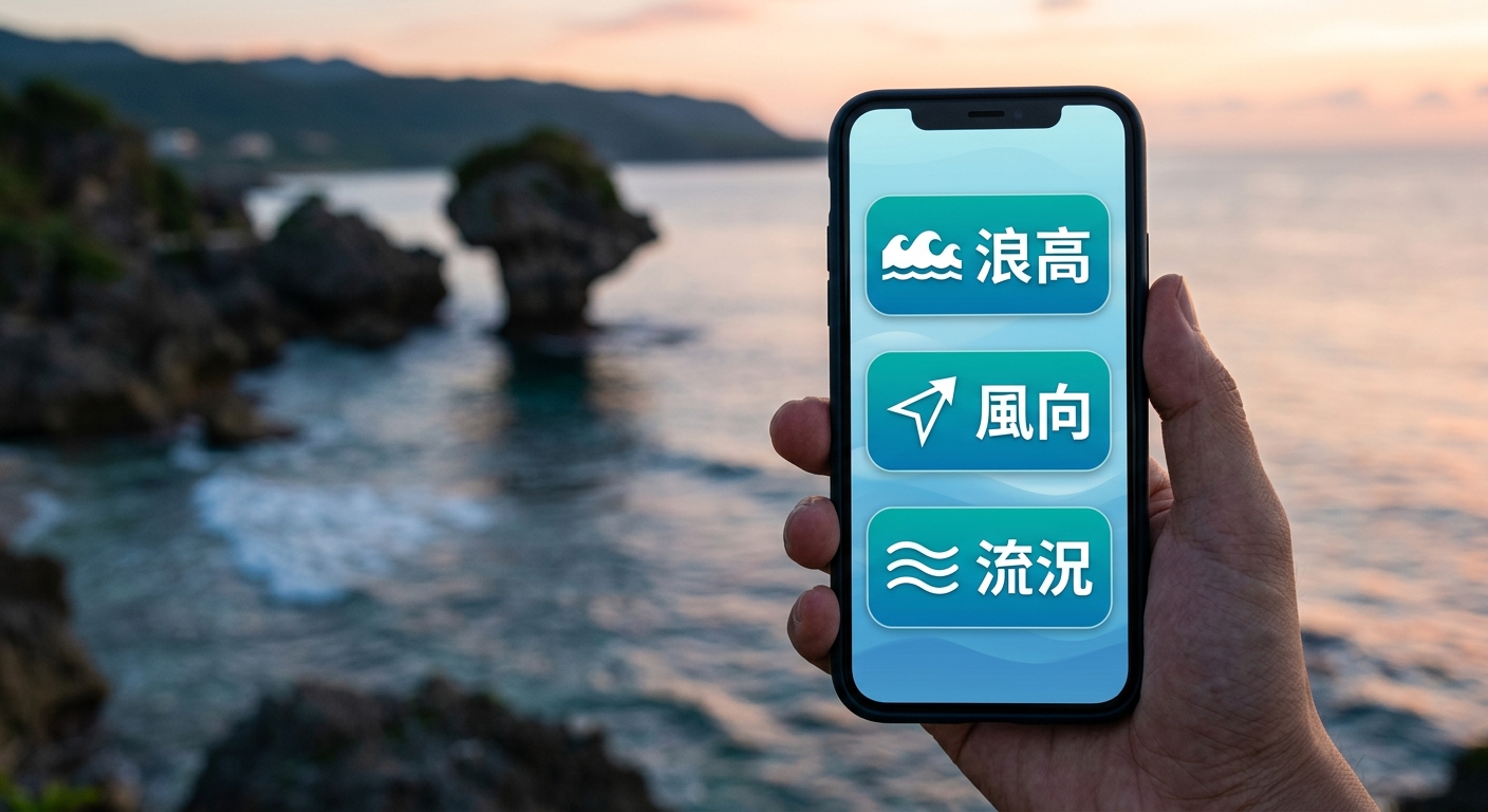 海況 App 關鍵指標手機介面示意插畫,畫面為一支手機,螢幕上顯示三個並排的指標區塊由上到下分別逐字標注 浪高 風向 流況,每個區塊旁有對應簡單圖示(波浪 風向箭頭 水流),手機背景為小琉球海岸剪影,配色海洋藍綠,插畫風格簡潔,恰好三個指標不得多於三個、三組文字各不相同,除三個指標名稱外不得出現任何其他文字、數字或網址