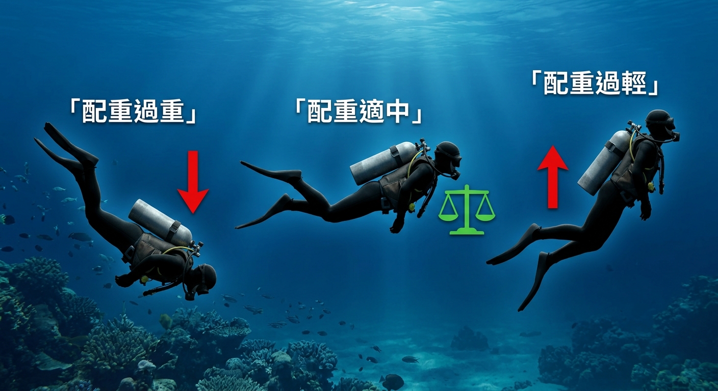 配重過重、適中、過輕三種狀態的浮力示意圖,三個潛水員側身剪影由左到右並排,左邊潛水員身體向下傾、配一個向下的紅色箭頭、上方一行繁體中文標籤「配重過重」,中間潛水員身體水平懸停、配一個綠色平衡符號、上方標籤「配重適中」,右邊潛水員身體向上飄、配一個向上的紅色箭頭、上方標籤「配重過輕」,藍色海水漸層背景,三個標籤各不相同不得重複、每個標籤僅一行不得換行,圖中除這三個標籤外不得出現任何其他文字、數字或年份