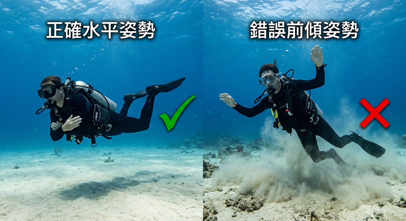 正確中性浮力姿勢 vs 常見錯誤姿勢對比插圖,左右兩名潛水員側視剪影,左邊潛水員身體與海床平行、雙手收於胸前、雙腿略抬膝蓋彎曲、旁邊一個綠色勾號、上方一行繁體中文標籤「正確水平姿勢」,右邊潛水員頭高腳低身體前傾、雙手亂划、踢起一片底沙、旁邊一個紅色叉號、上方一行繁體中文標籤「錯誤前傾姿勢」,藍色海水與淺色海床背景,兩個標籤各不相同不得重複、每個標籤僅一行不得換行,圖中除這兩個標籤外不得出現任何其他文字、數字或年份