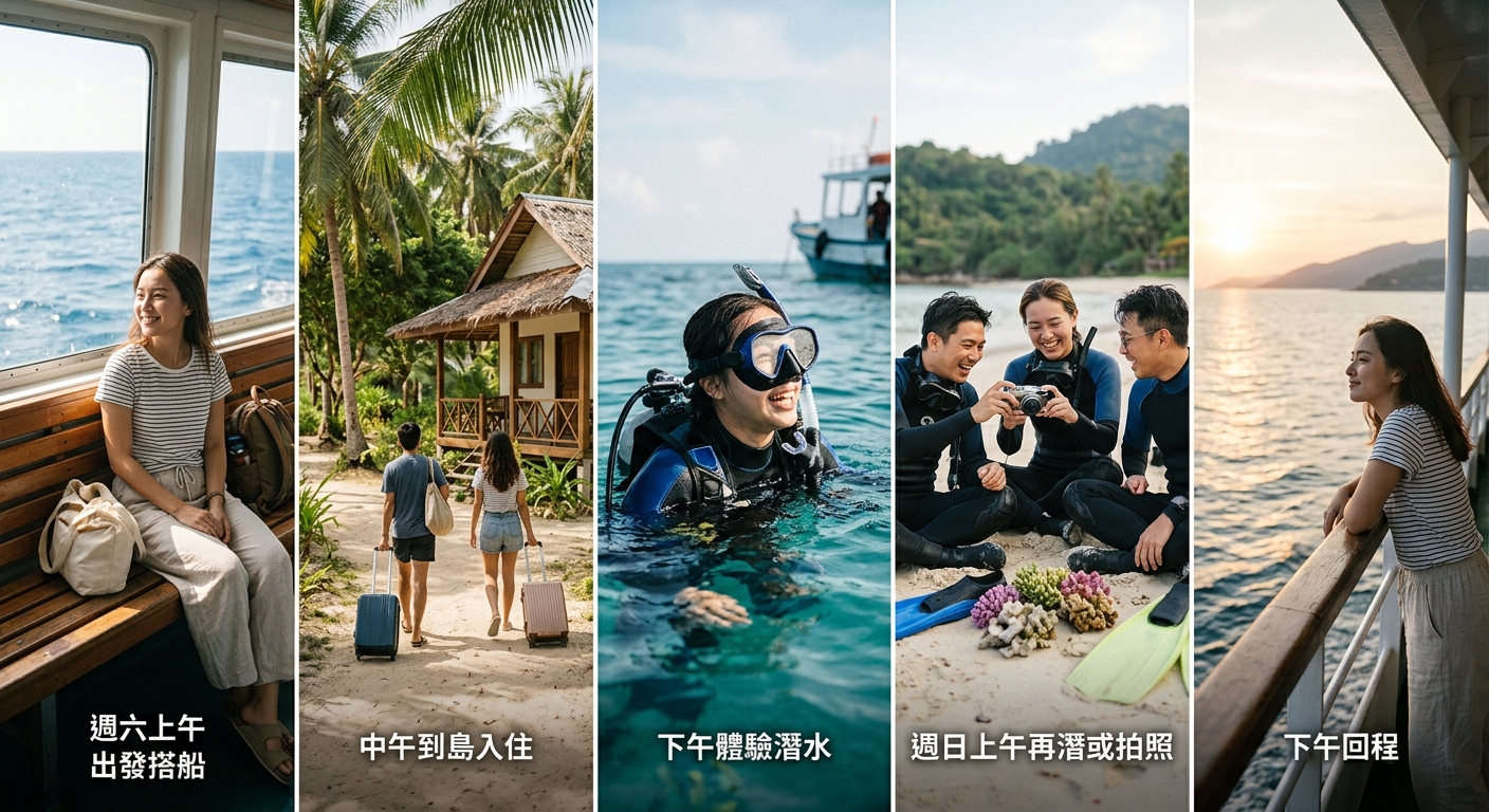 上班族週末兩天一夜潛水紓壓行程時間軸插圖,由左至右:週六上午出發搭船、中午到島入住、下午體驗潛水,週日上午再潛或拍照、下午回程,每段一張小情境圖與一行中文時段標籤,採海洋藍與清新綠色調、時間軸風格