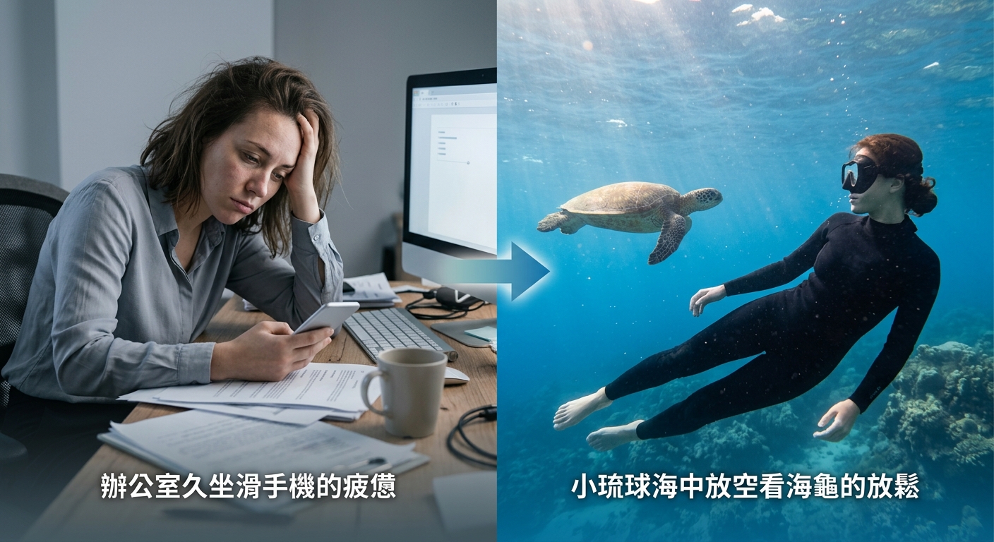上班族潛水紓壓對比插圖,左側為辦公室久坐滑手機的疲憊意象、右側為同一人在小琉球海中放空看海龜的放鬆意象,中間以箭頭連接,每側一行中文情境標籤,採灰藍到海洋藍漸變色調、對比插圖風格