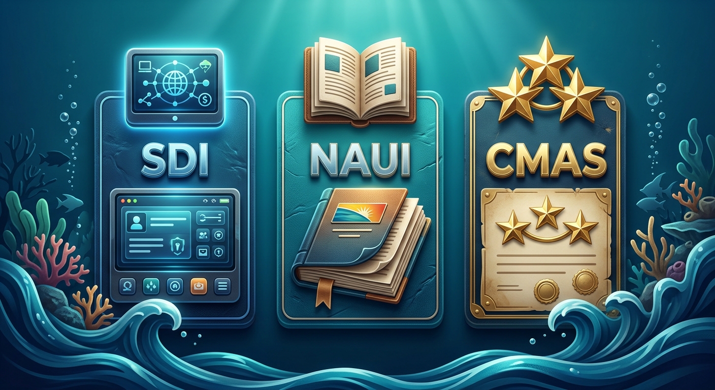 SDI、NAUI、CMAS 三系統特色對照主視覺,畫面三個並排卡片,由左至右標籤逐字為 SDI、NAUI、CMAS(僅這三個英文字),每張卡片上方一個簡單圖示(數位螢幕/教學手冊/三顆星),底部海藍波浪,配色深海藍與青藍漸層,圖中除 SDI、NAUI、CMAS 三組字外不得出現任何其他文字、數字或年份