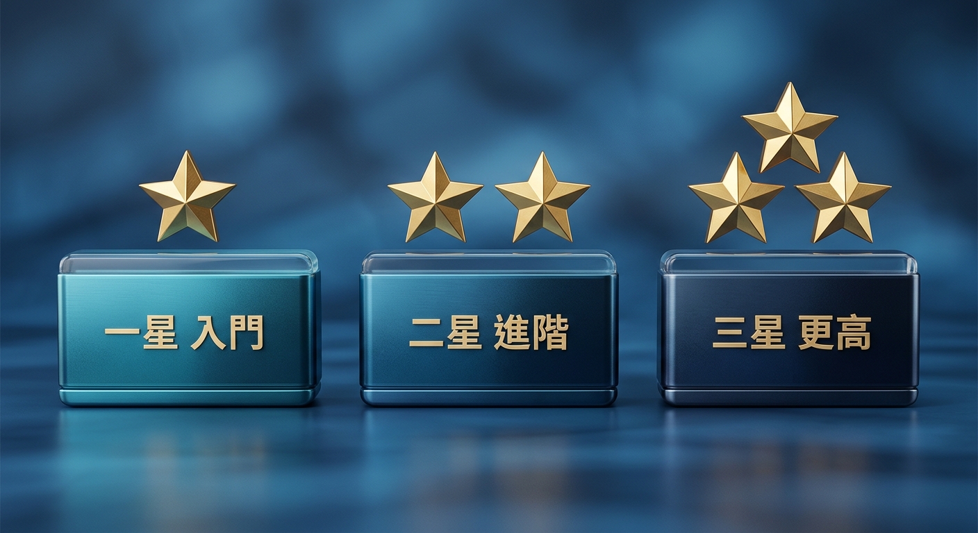 CMAS 星級制度示意圖,三個橫排星級區塊由左至右,每個區塊上方有對應數量的星形圖示(一顆、兩顆、三顆),區塊下方文字逐字為 一星 入門、二星 進階、三星 更高;配色青藍與深海藍,星形為金黃色,圖中除一星 入門、二星 進階、三星 更高三組字外不得出現任何其他文字、數字或年份