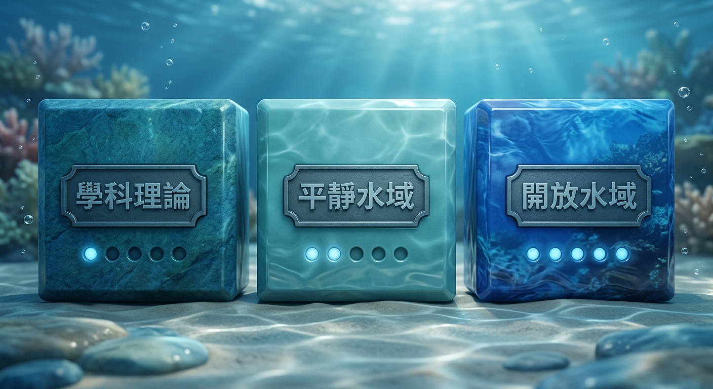 OW 三關難度示意圖,三個橫向方塊並排,每塊一個標籤文字與一排小圓點難度標示,標籤逐字為:學科理論、平靜水域、開放水域;恰好三個方塊、三個文字各不相同、每行不換行;配色海洋藍系;除上述三組字樣外圖中不得出現任何其他文字、數字或年份