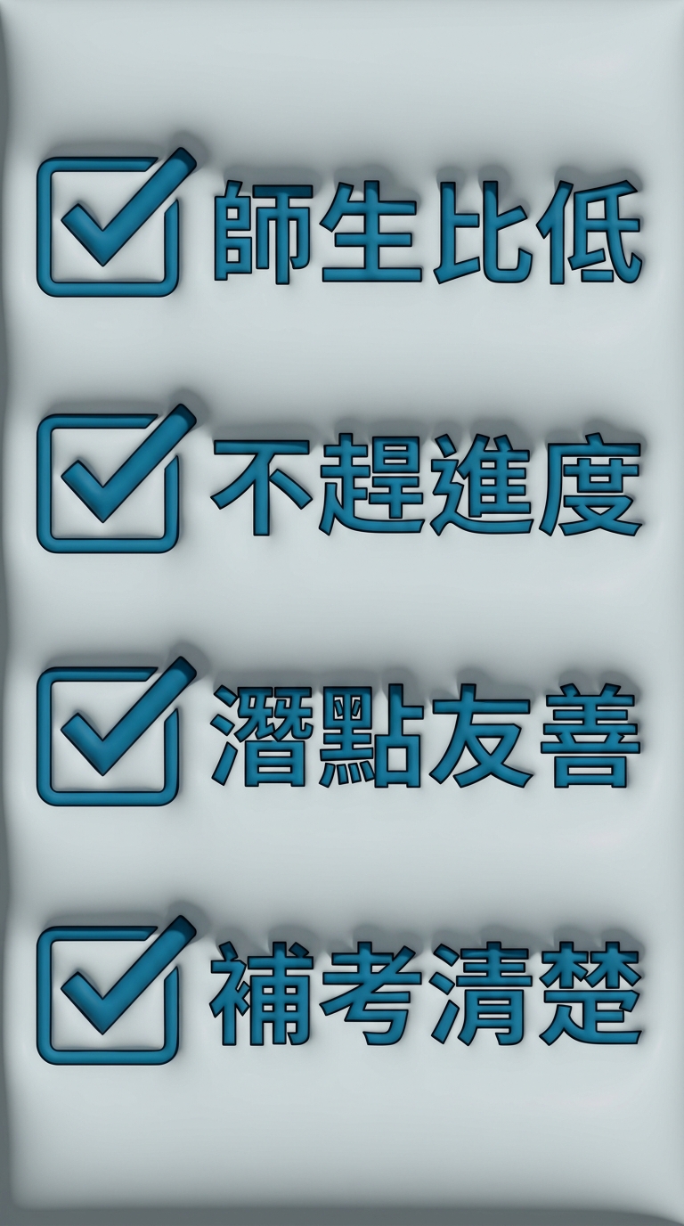 提高一次通過率的四要點清單圖,垂直排列四列,每列一個勾選圖示加一行標籤文字,標籤逐字為:師生比低、不趕進度、潛點友善、補考清楚;恰好四列、四個文字各不相同、每行不換行;配色海洋藍與淺灰;除上述四組字樣外圖中不得出現任何其他文字或年份