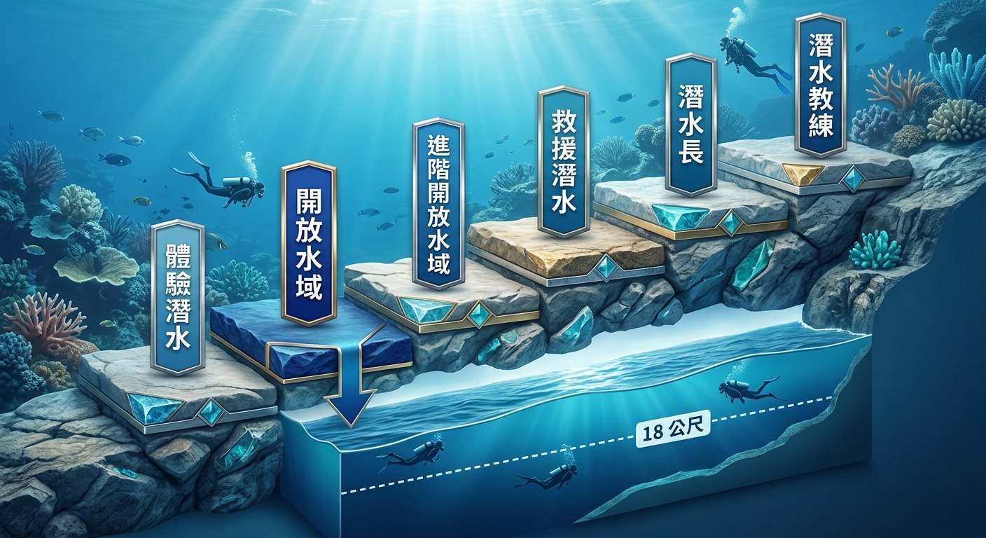 水肺潛水證照分級階梯資訊圖，由低到高六個台階橫向排列，每階一個標籤文字，逐字為：體驗潛水、開放水域、進階開放水域、救援潛水、潛水長、潛水教練；開放水域那一階用較深的藍色高亮並加一個向下箭頭指向海面剖面，海面剖面標一條水平虛線標籤文字「18 公尺」；整體配色海洋藍與白，乾淨扁平風格