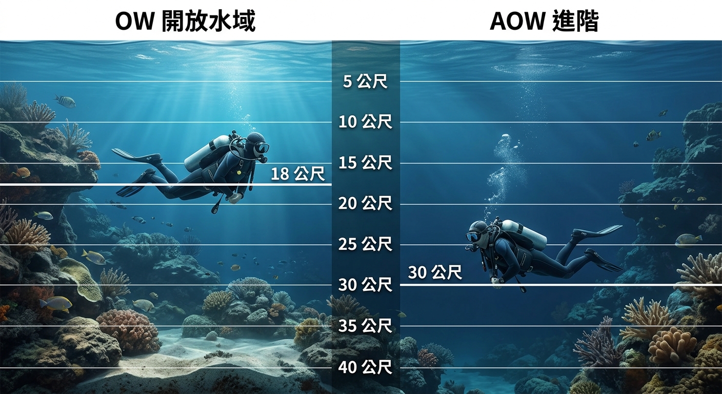 OW 與 AOW 深度限制對照剖面圖,左半邊一個潛水員圖示停在水深刻度的某條線,該線標籤文字「18 公尺」;右半邊一個潛水員圖示停在更深一條線,該線標籤文字「30 公尺」;左半邊上方標籤文字「OW 開放水域」,右半邊上方標籤文字「AOW 進階」;水由淺到深漸層藍,刻度線水平、深度文字逐字標於線上、不換行;除上述字樣外圖中不得出現任何其他文字、數字、年份或標題