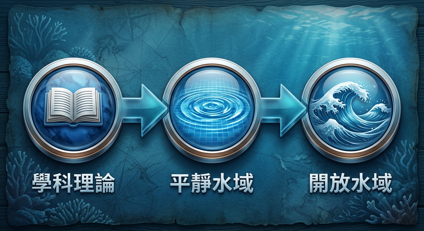 OW 考照三階段橫向流程圖,三個圓形節點由左到右用箭頭連接,每個節點下方一行標籤文字逐字為:學科理論、平靜水域、開放水域;節點內各一個簡單圖示(書本、泳池水波、海浪);恰好三個節點、不得多於三個、三個文字各不相同;配色海洋藍系;除上述三組字樣外圖中不得出現任何其他文字或年份