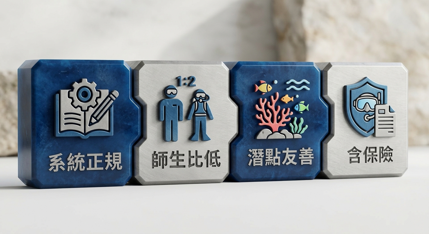 選 OW 課程四要素方塊圖,四個並排方塊,每塊一個簡單圖示加一行標籤文字,標籤逐字為:系統正規、師生比低、潛點友善、含保險;恰好四個方塊、四個文字各不相同、每行不換行;配色海洋藍與淺灰;除上述四組字樣外圖中不得出現任何其他文字或年份