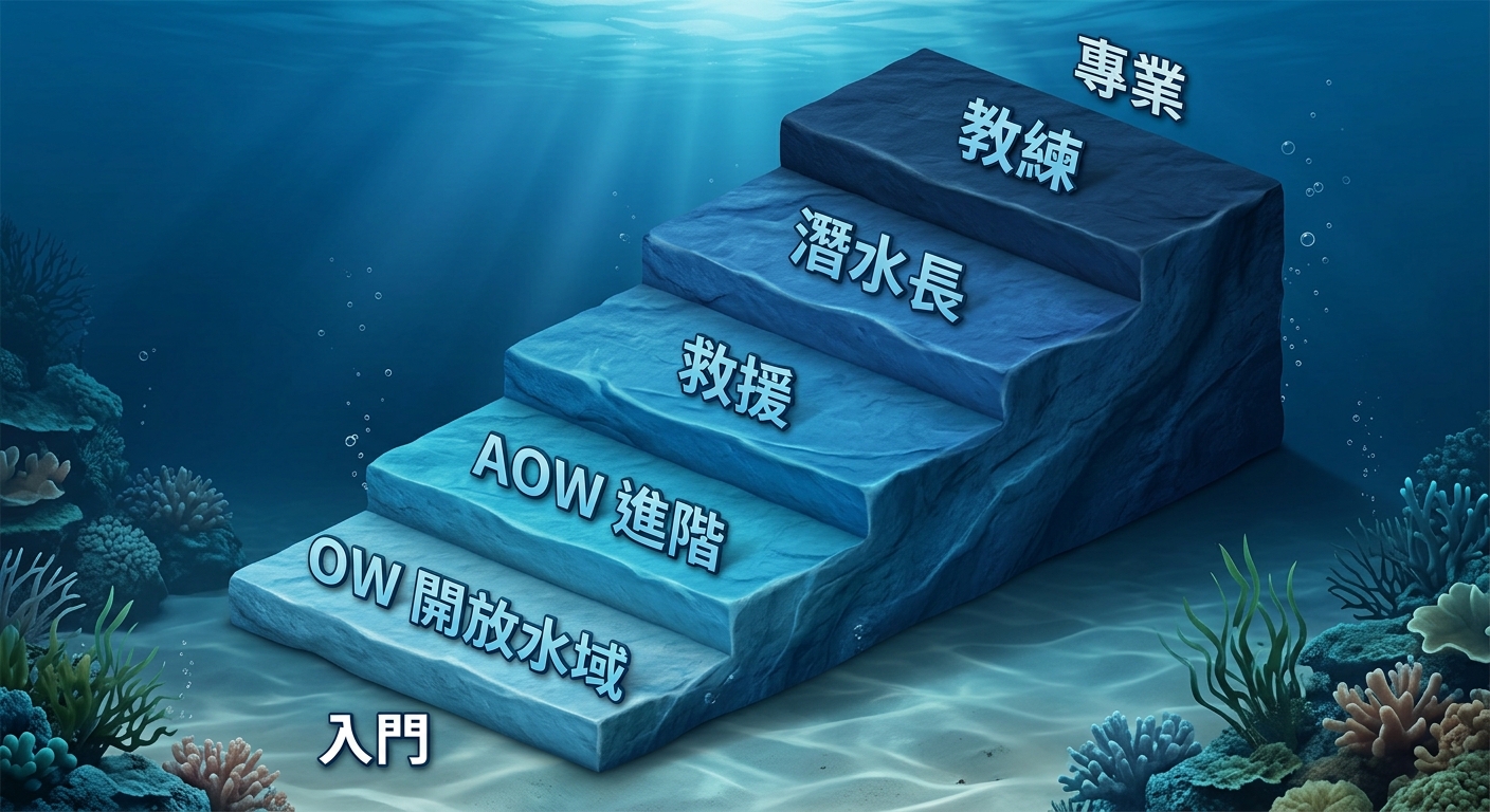 PADI 等級階梯圖,五層階梯由低到高,每層標籤逐字為 OW 開放水域、AOW 進階、救援、潛水長、教練;最低層標示「入門」、最高層標示「專業」(僅入門與專業兩個分類詞),階梯以海藍漸層由淺到深,圖中除上述階層文字與入門/專業外不得出現任何其他文字、數字或年份