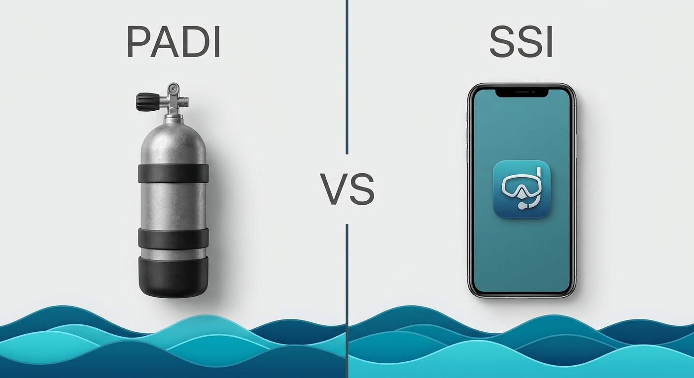 PADI 與 SSI 並排對照主視覺,畫面分左右兩半,左半上方標籤逐字為 PADI、右半上方標籤逐字為 SSI(僅這兩個英文字),中間以一條垂直分隔線與一個「VS」字樣,左右各有一個潛水主題圖示(氣瓶/手機 App),底部為海藍波浪,配色深海藍與青藍,圖中除 PADI、SSI、VS 三組字外不得出現任何其他文字或年份