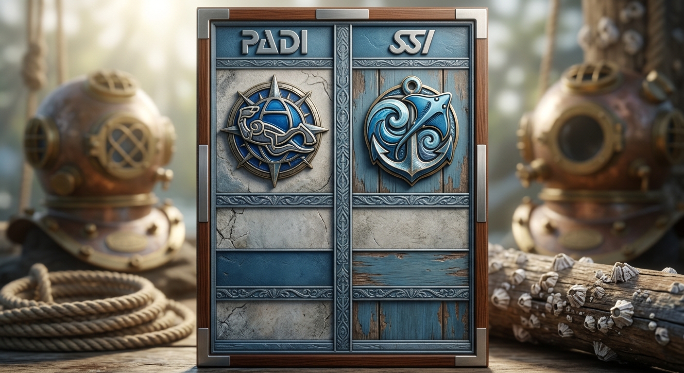 PADI vs SSI 課程與教材對照表格圖,表格兩欄欄標題逐字為 PADI、SSI,列項目逐字為 學科形式、課程拆分、排課彈性、數位證照、全球通用;每格填入簡短中文詞,表頭深海藍底白字、格線淺灰,整張圖除欄列標題與格內詞句外不得出現任何其他文字、數字或年份