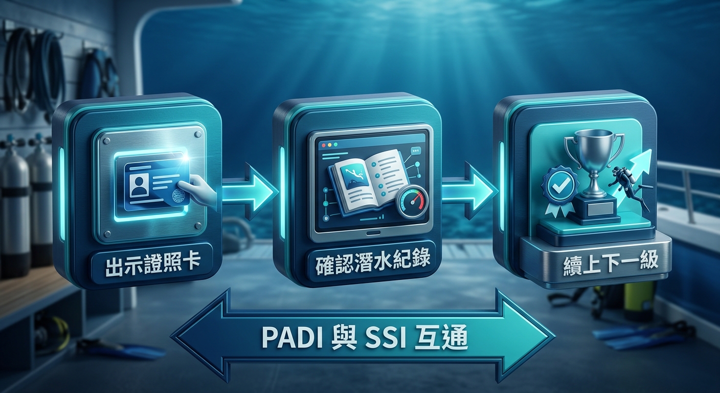 跨系統續課流程圖,三步驟由左至右,每步驟一個方框,框內文字逐字為 出示證照卡、確認潛水紀錄、續上下一級;步驟間以箭頭連接,下方有一條雙向箭頭標籤逐字為 PADI 與 SSI 互通,配色青藍與深海藍,圖中除上述文字外不得出現任何其他文字、數字或年份