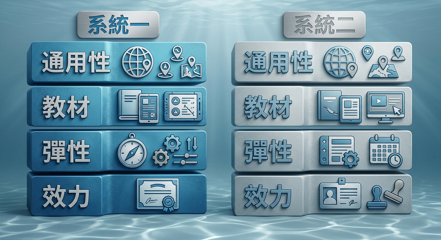 PADI 與 SSI 雙欄對照資訊圖,左右兩欄,欄頂標籤文字逐字為:系統一、系統二(不寫品牌名);每欄下方四列比較項目,項目標籤逐字為:通用性、教材、彈性、效力;恰好兩欄、項目文字各不相同、每行不換行;配色海洋藍與淺灰;除上述字樣外圖中不得出現任何其他文字、品牌名、數字或年份