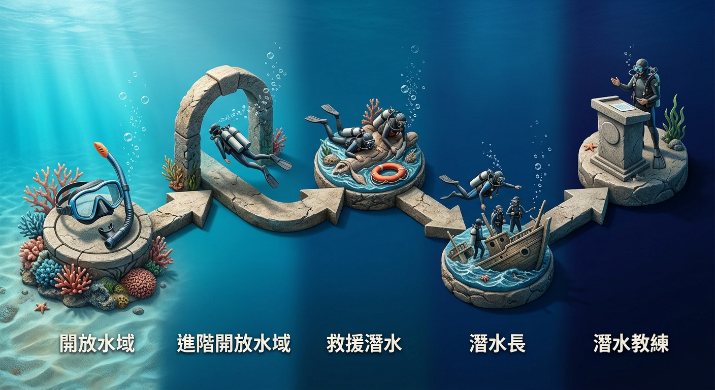 潛水進階路線圖,五個節點由左到右用箭頭連成一條路徑,每個節點下方一行標籤文字逐字為:開放水域、進階開放水域、救援潛水、潛水長、潛水教練;恰好五個節點、五個文字各不相同、每行不換行;配色海洋藍漸層由淺到深;除上述五組字樣外圖中不得出現任何其他文字、數字或年份