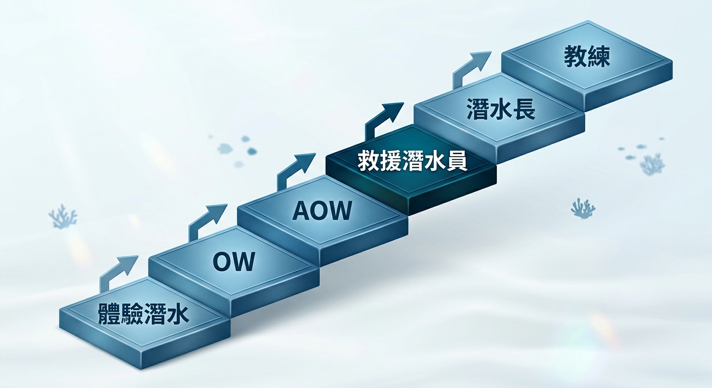 水肺潛水分級階梯圖,由左下到右上呈階梯狀排列六個節點,節點文字逐字為 體驗潛水、OW、AOW、救援潛水員、潛水長、教練,其中救援潛水員節點以較深的對比色塊強調,節點之間以向上箭頭連接,配色採藍色海洋色系、背景淺色,整張圖僅出現上述六個階段名稱、不得出現任何年份或其他文字