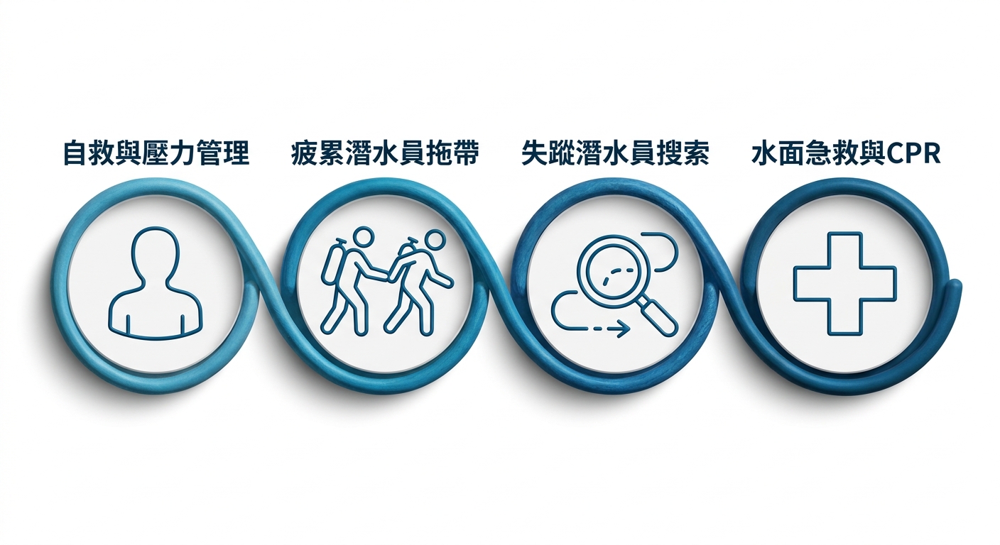 救援潛水員課程核心技能總覽資訊圖,分四個區塊水平排列,區塊標題逐字為 自救與壓力管理、疲累潛水員拖帶、失蹤潛水員搜索、水面急救與CPR,每個區塊配一個簡潔線條圖示(分別為個人剪影、雙人拖帶、放大鏡搜索路線、急救十字),配色採藍色海洋色系與白底,每個標題僅一行不換行、四個標題各不相同、整張圖除上述四個標題外不得出現其他文字或年份