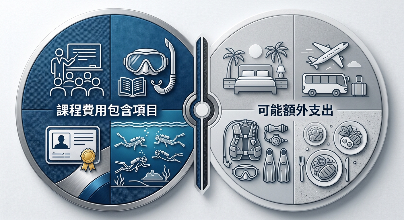 救援潛水費用組成示意圖,以一個圓形分區圖呈現,分為兩大類色塊,左半標示為課程費用包含項目(區塊內逐字列出 課程教學、教材、證照申請、海域實習 四項)、右半標示為可能額外支出(區塊內逐字列出 住宿、交通、裝備租借、餐食 四項),不出現任何金額數字,配色採藍色與淺灰兩色系區分,圖中除上述兩類標題與八個項目名稱外不得出現任何金額、年份或其他文字