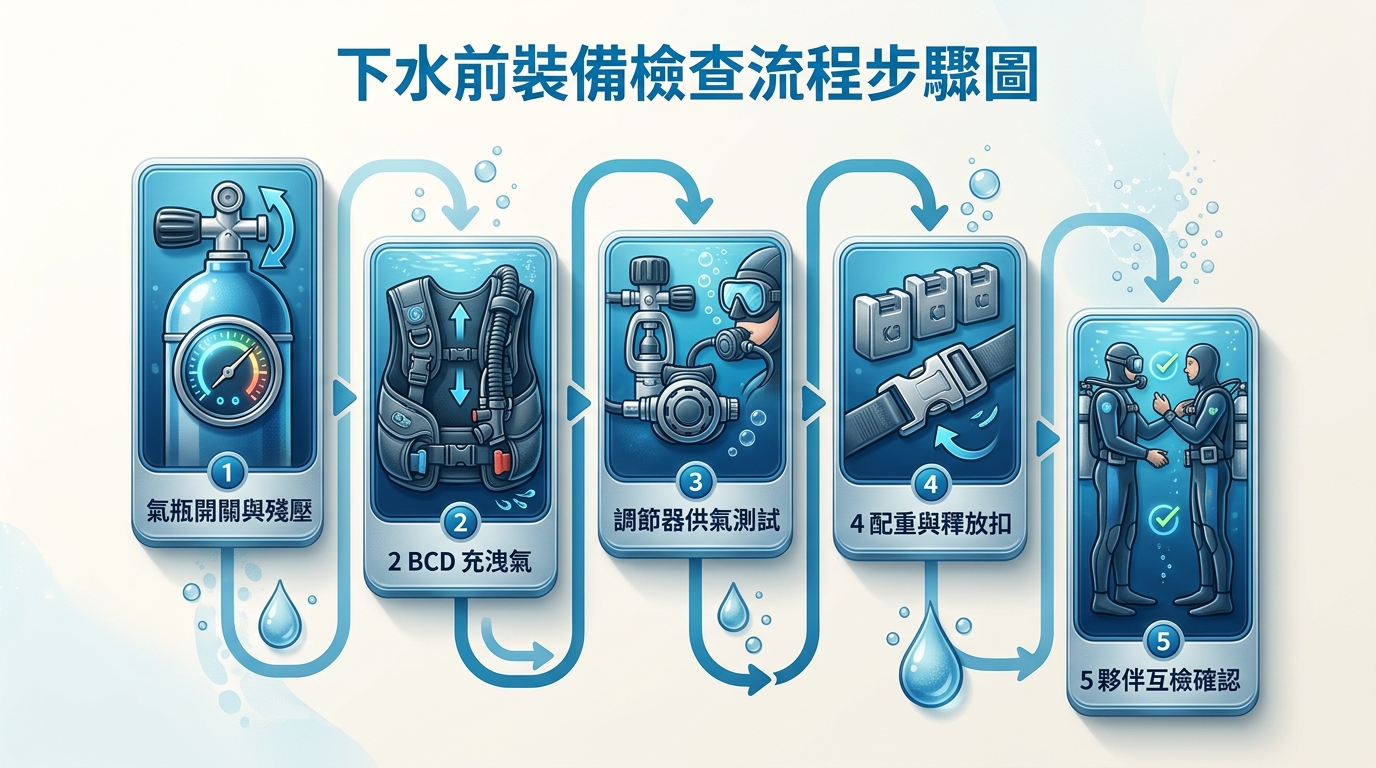 下水前裝備檢查流程步驟圖,由上而下五個步驟卡片垂直排列,恰好五張卡片不得多於五張:1 氣瓶開關與殘壓、2 BCD 充洩氣、3 調節器供氣測試、4 配重與釋放扣、5 夥伴互檢確認,每張卡片含一個簡單線條圖示與一行繁體中文步驟說明,文字僅一行不換行不重複,海洋藍配色,背景淺色,圖中不得出現任何年份或網址