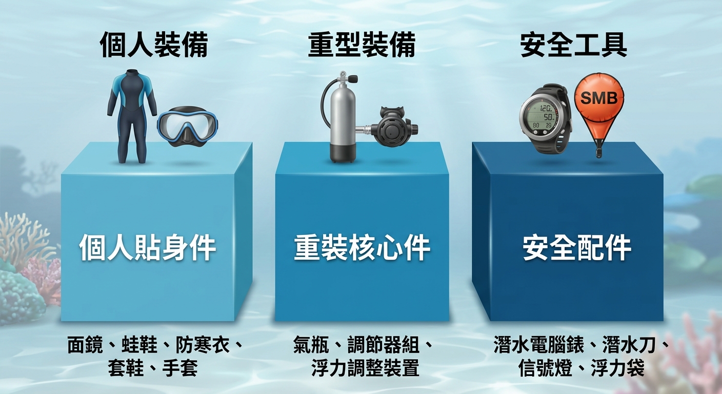 潛水裝備三大分類概念圖,三個並排色塊由左至右,恰好三塊不得多於三塊:左塊標註個人貼身件、中塊標註重裝核心件、右塊標註安全配件,每塊上方一個簡單線條圖示加一行繁體中文分類名稱、下方一行該類代表裝備,文字不換行不重複,海洋藍三色階配色,圖中不得出現任何品牌或年份