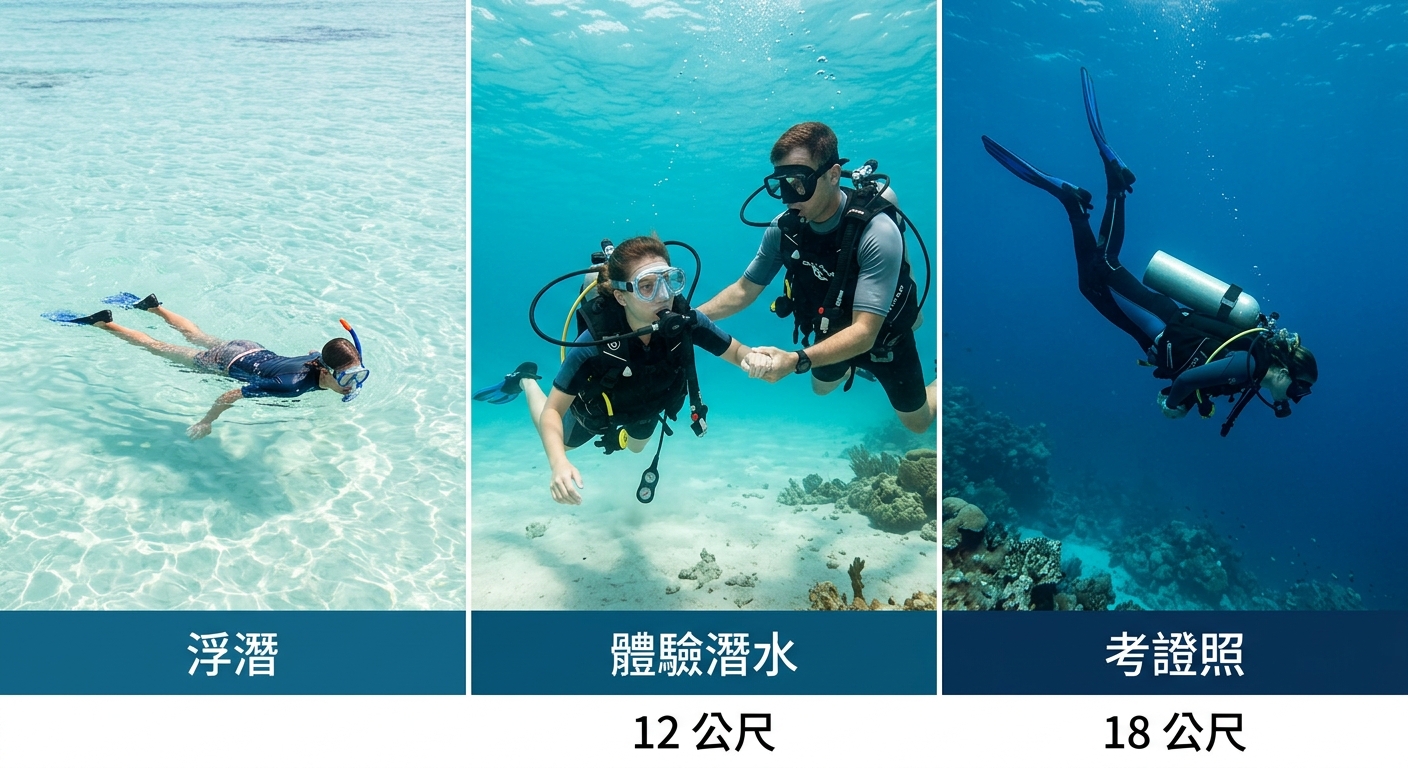 浮潛體驗潛水考證照三欄對照圖,三個縱欄,欄首標籤各四字以內:浮潛、體驗潛水、考證照,三個標籤各不相同不重複,每欄下方四個比較列:深度、自由度、時間、適合,深度數字逐字標注 12 公尺於體驗潛水欄、18 公尺於考證照欄,配色淺藍到深藍區隔三欄,圖中除這些欄標籤列標籤與深度數字外不得出現其他文字或年份