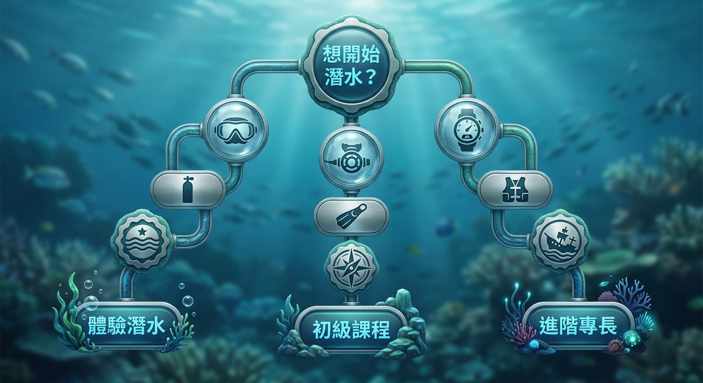 新手選擇決策樹,從一個起點問句分出三條路徑:只想看一次走浮潛或體驗、確定長期玩走考證照、怕水走先體驗潛水,每個終點節點一行四字以內標籤各不相同不重複一行不換行,配色海洋藍與綠,圖中不得出現任何年份或網址