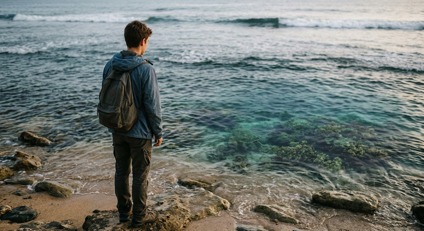 結尾配圖,畫面為一位新手站在岸邊望向大海、若有所思,海面下隱約有海龜與珊瑚,象徵思考要選哪種玩法,人物以背影呈現不做臉部特寫,整張圖完全不得出現任何文字字母數字或標題
