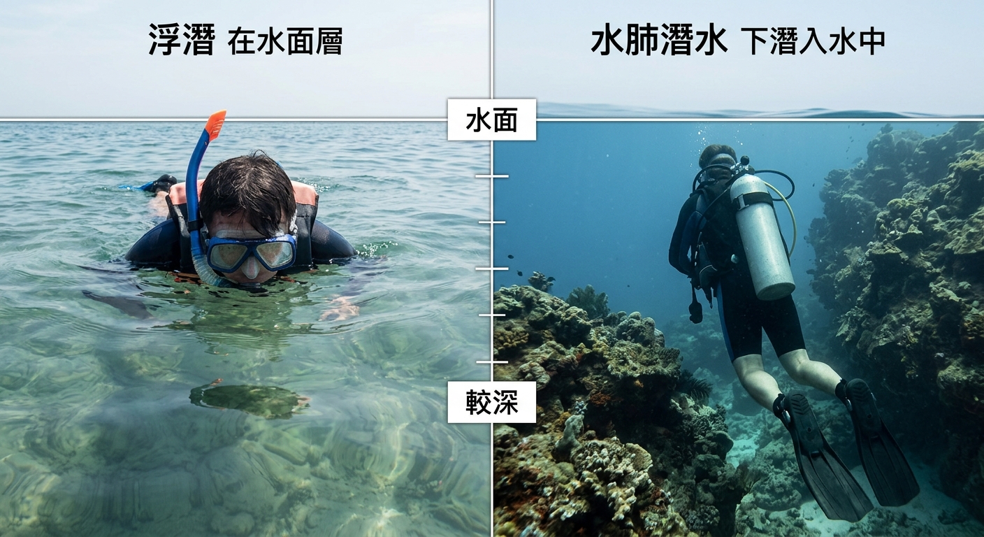 浮潛 vs 水肺潛水並排剖面對比插畫,左半邊畫一位浮潛者趴在水面(背面視角、不露臉、戴面鏡呼吸管救生衣),標「浮潛 在水面層」;右半邊畫一位水肺潛水者背氣瓶下潛到水中礁石旁(背面視角、不露臉),標「水肺潛水 下潛入水中」,中間用一條水面線與深度刻度示意,深度刻度標「水面」「較深」。逐字標出「浮潛」「水肺潛水」「在水面層」「下潛入水中」「水面」「較深」。圖中不得出現任何其他文字、年份、網址、電話、店名。