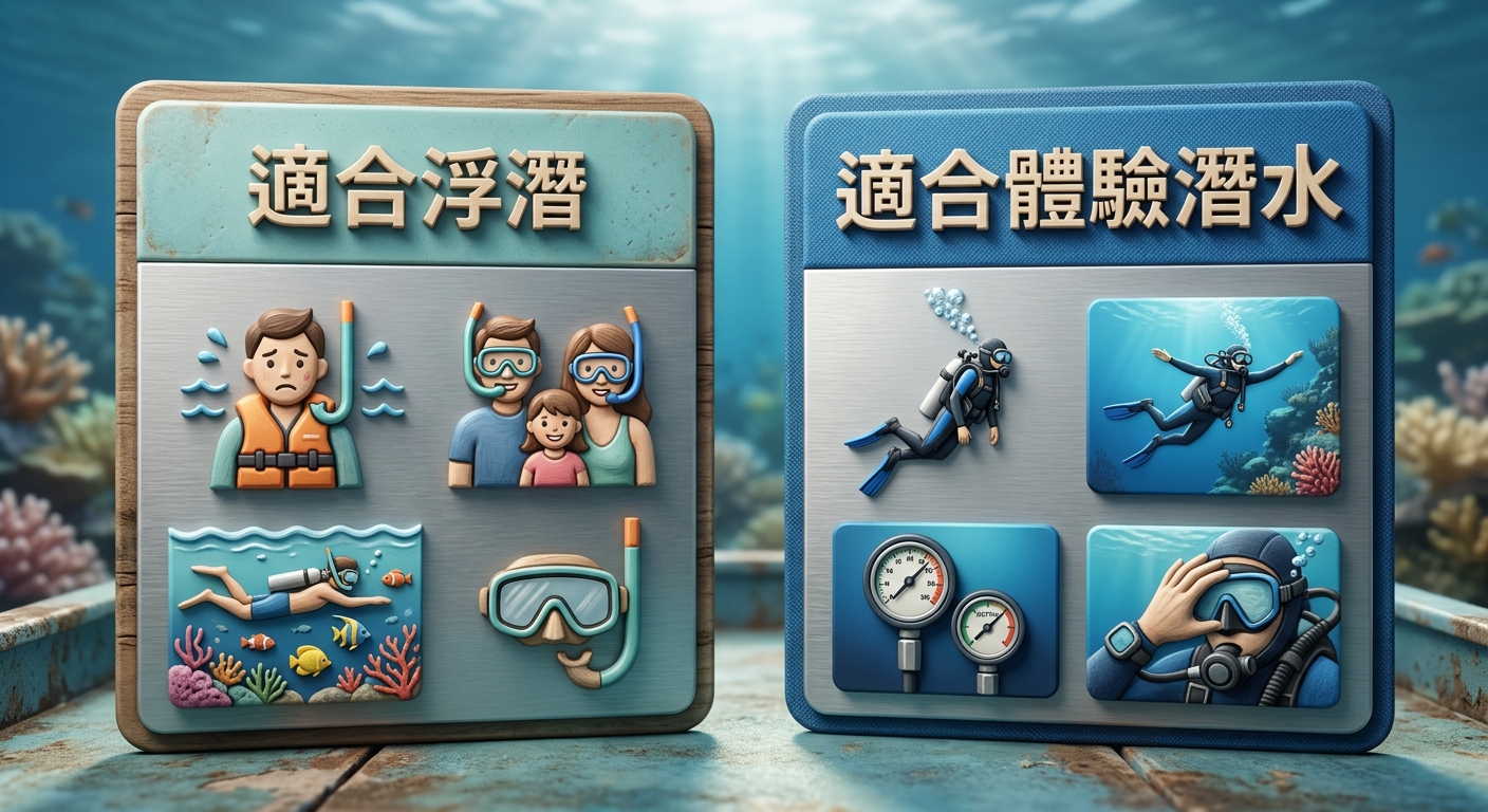 浮潛/潛水該選誰決策表,做成一張二欄對照卡,欄位為「適合浮潛」與「適合體驗潛水」,每欄下方列三到四條對應的人物情境(如怕水、帶小孩、想輕鬆 vs 想下潛、想體驗失重、不排斥學習),用打勾圖示呈現。逐字標出「適合浮潛」「適合體驗潛水」「怕水想輕鬆」「帶小孩長輩」「想真正下潛」「想體驗失重」「不排斥學習」。圖中不得出現任何其他文字、年份、網址、電話、店名。